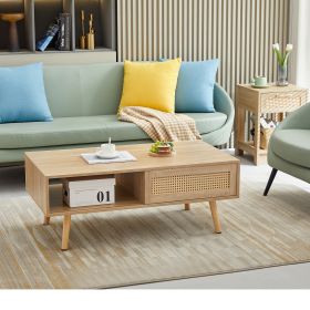 41.34" Rattan Coffee table; sliding door for storage; solid wood legs; Modern table for living room ; natural