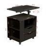 Height Adjustable Overbed End Table Wooden Nightstand with Swivel Top, Drawers, Wheels and Open Shelf, Black